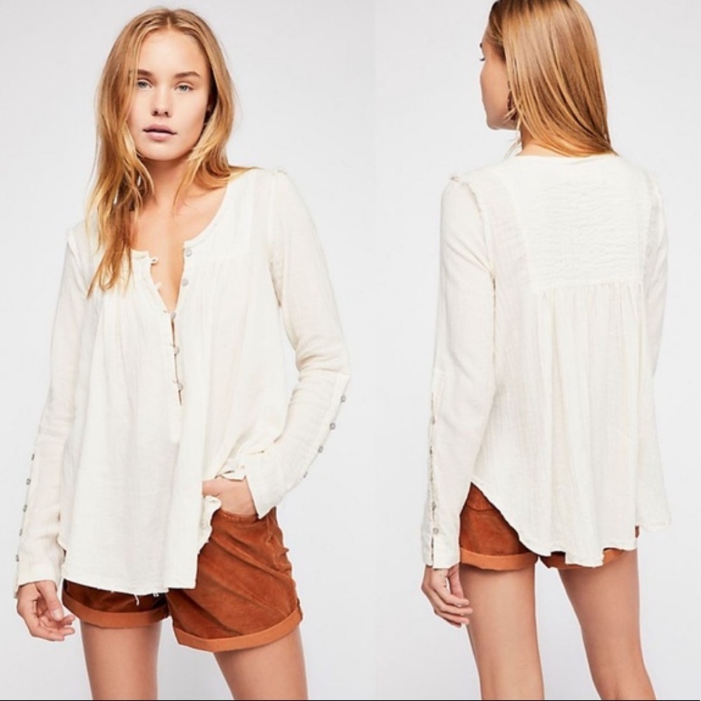 Free People Sand Dune Henley Long Sleeve Button Cream Color Top Sz Extra Small